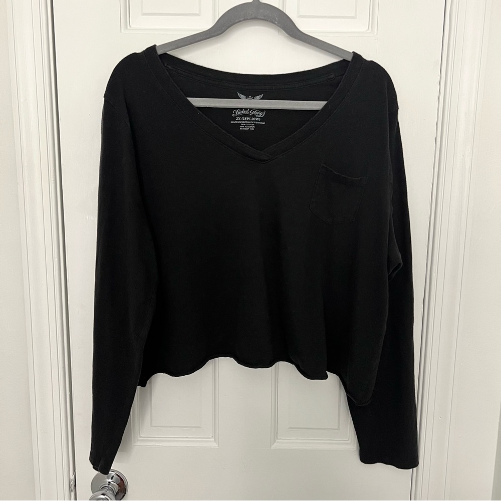 100% Cotton Faded Glory Crop Top Long Sleeve Tee Shirt V-Neck Vneck oversized V